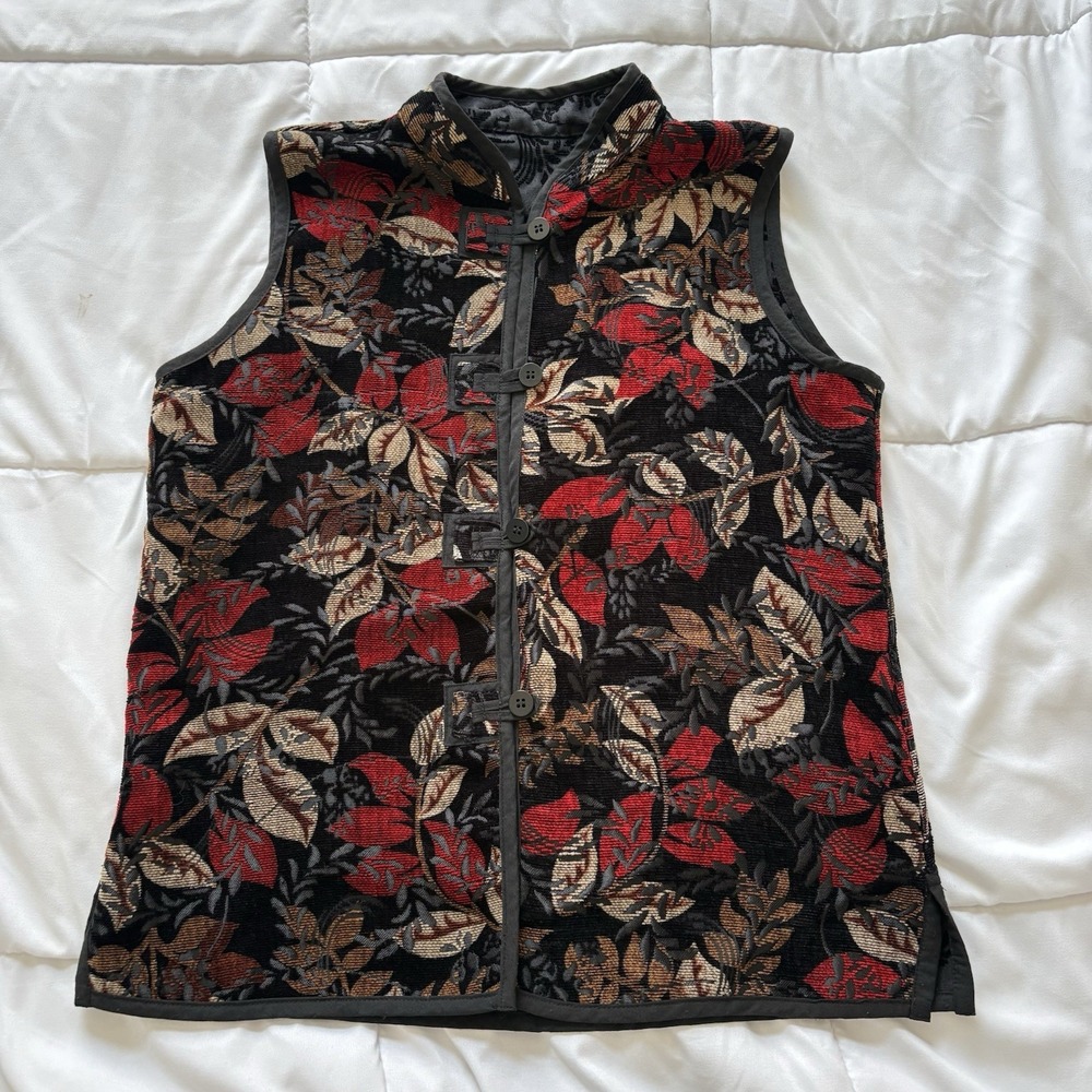 Vintage 80s 90s Y2K Black Red Tapestry Floral Reversible Button Front Vest
